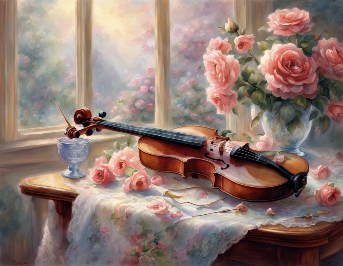 Ethereal Watercolour Violin and Roses