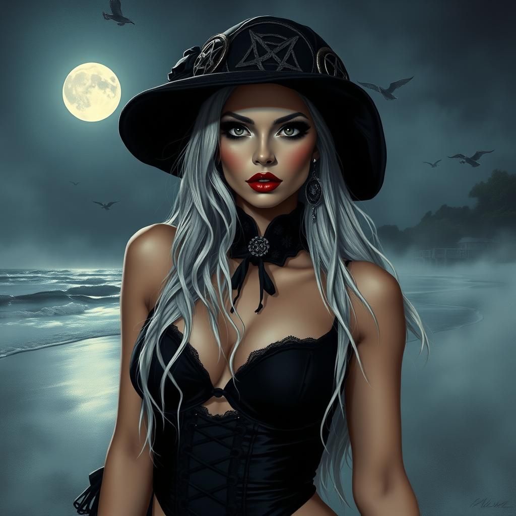 Gothic Woman on Misty Beach in Comic Book Style
