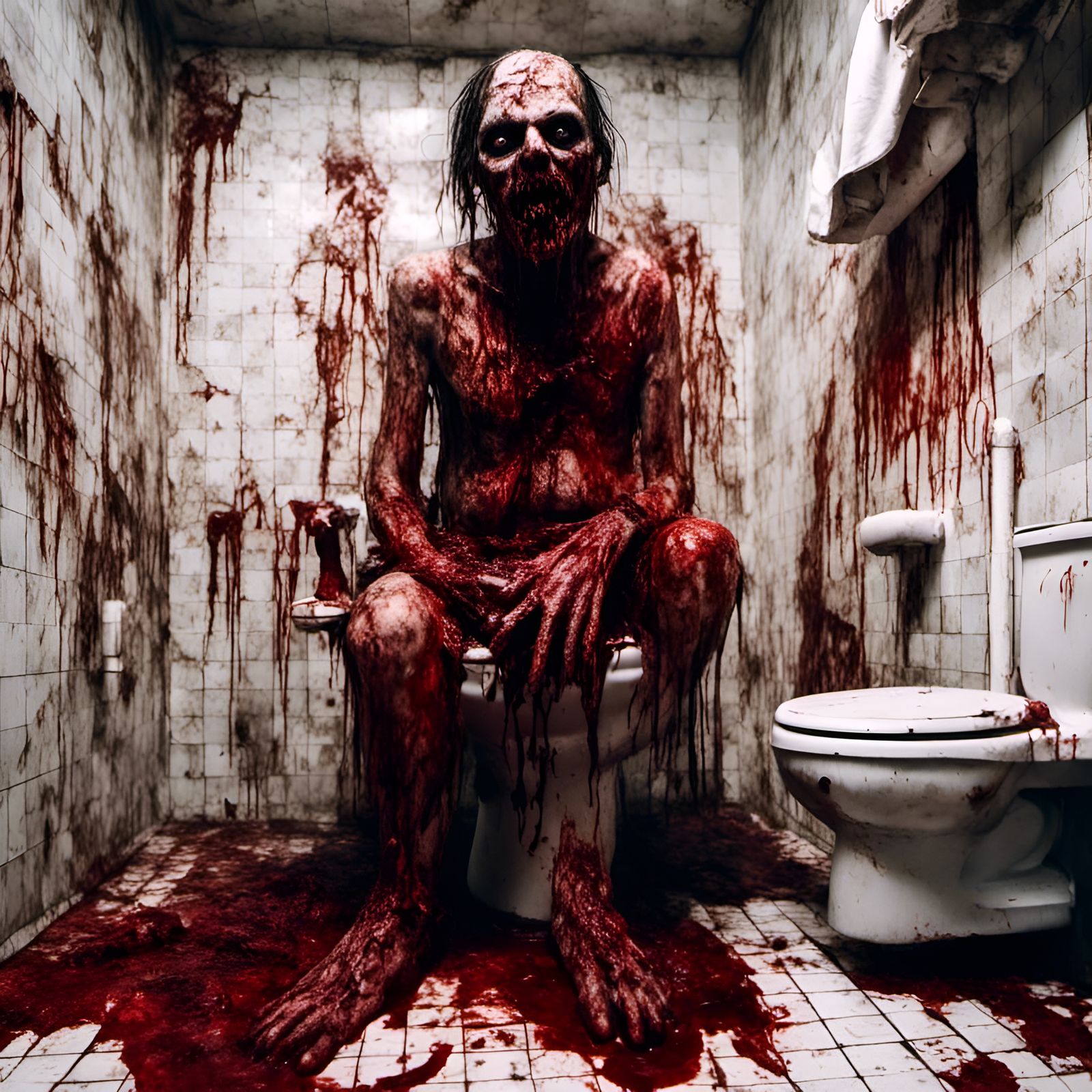 Zombie Vomiting on Toilet in Psychedelic Horror Style