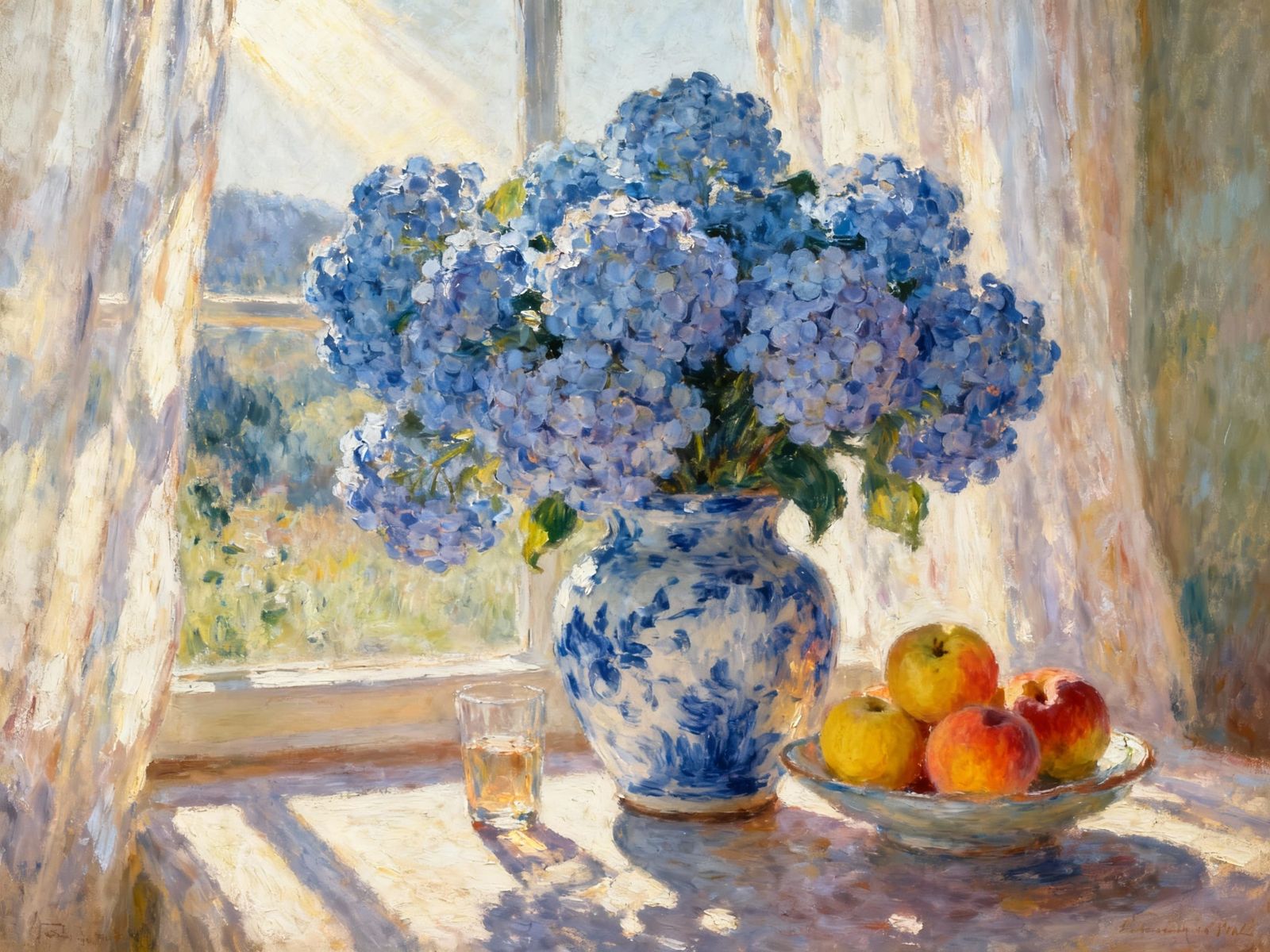 Vibrant Still Life: Flowers, Fruits, and Sunlight by the Win...