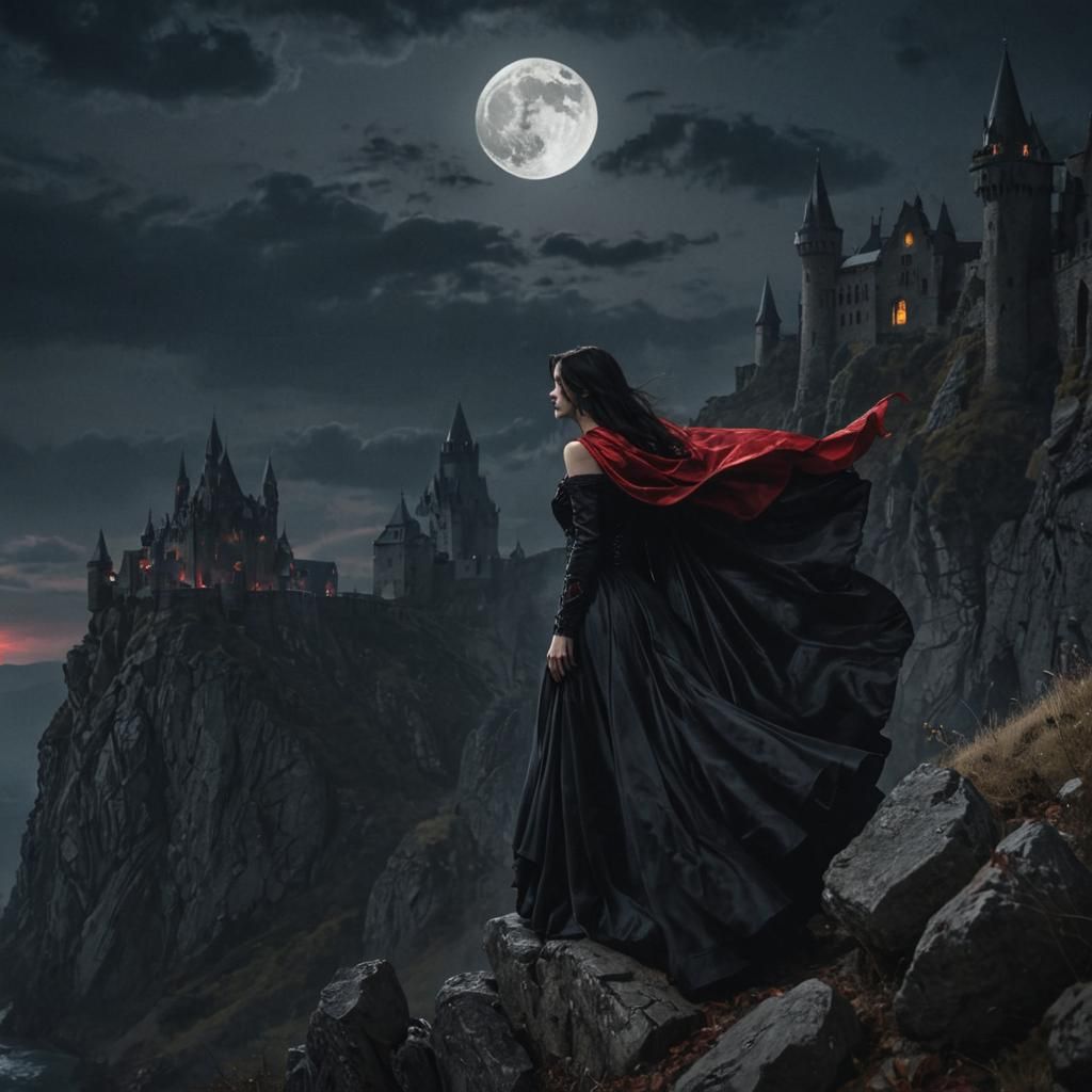 Gothic Witch on Cliffside with Castle, Dark Fantasy Art