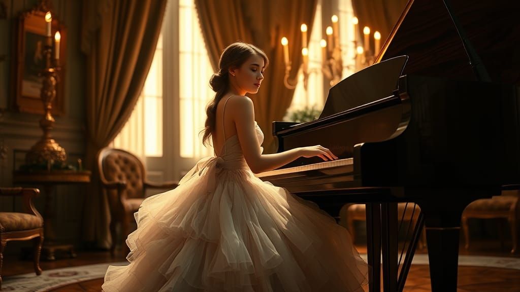 Elegant Woman at Piano in Oil Painting Style