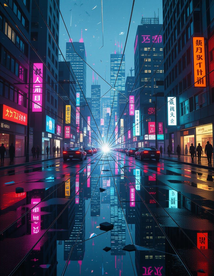 Dystopian Cityscape Reflected in Shattered Mirror