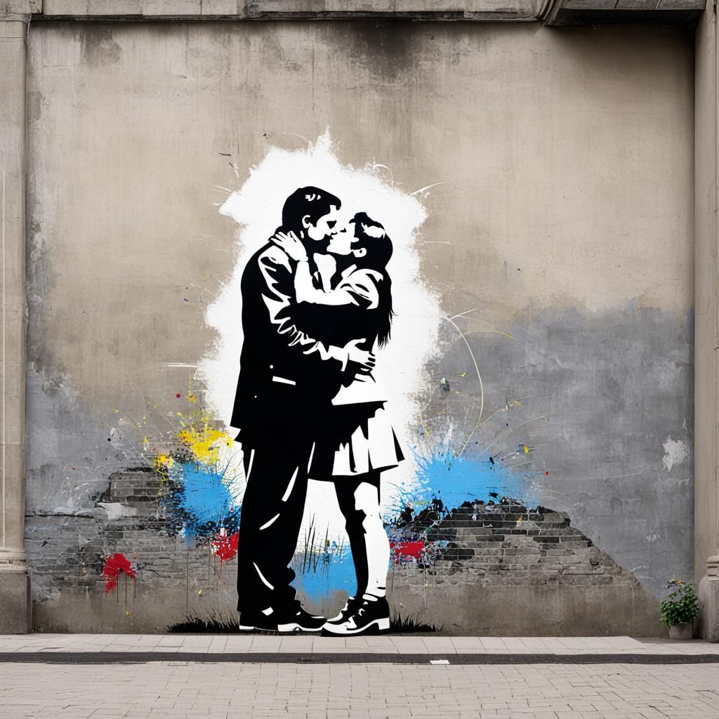 Banksy Style Kiss: Street Art Mural