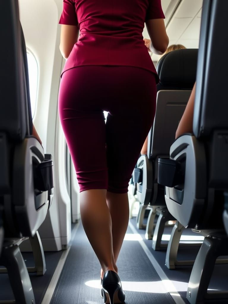 Candid Airplane Photo of Stewardess Serving Coffee