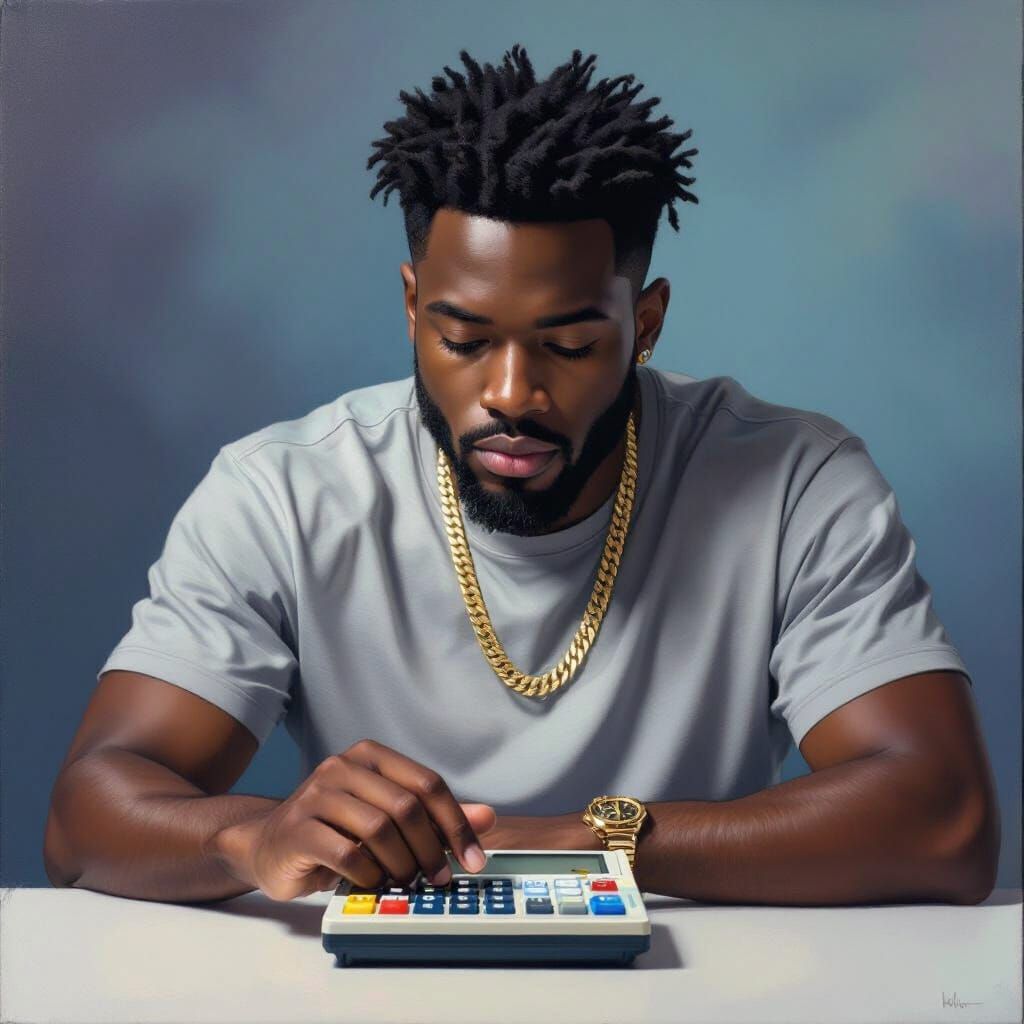 Man Contemplating Vintage Calculator, Realistic Digital Pain...