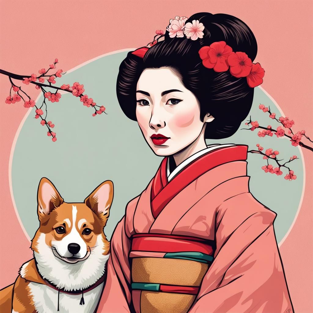 Geisha and Corgi in Wes Anderson Style