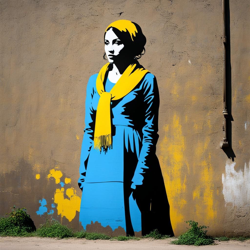 Banksy Style Street Art: Woman at Riverbank