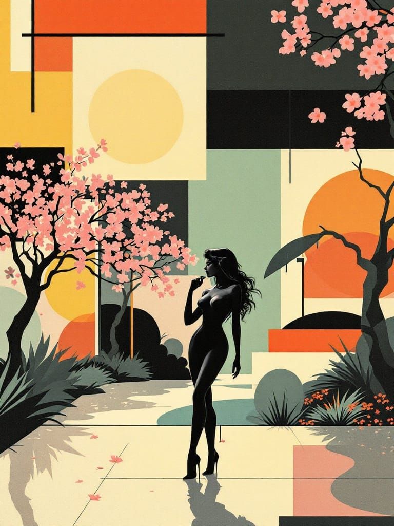 Retro Pin-Up in Geometric Abstract Garden