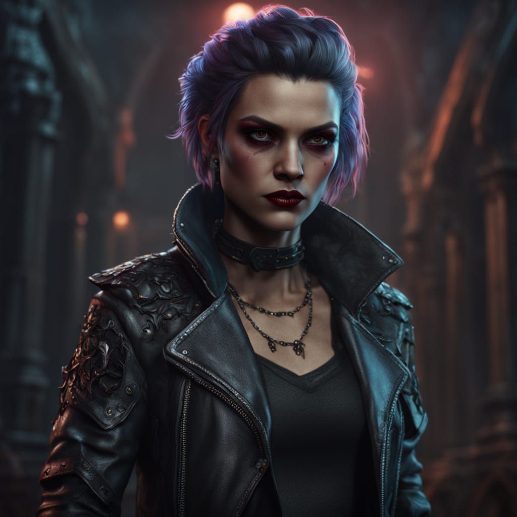 Female Vampire in Leather Jacket: Fantasy Art