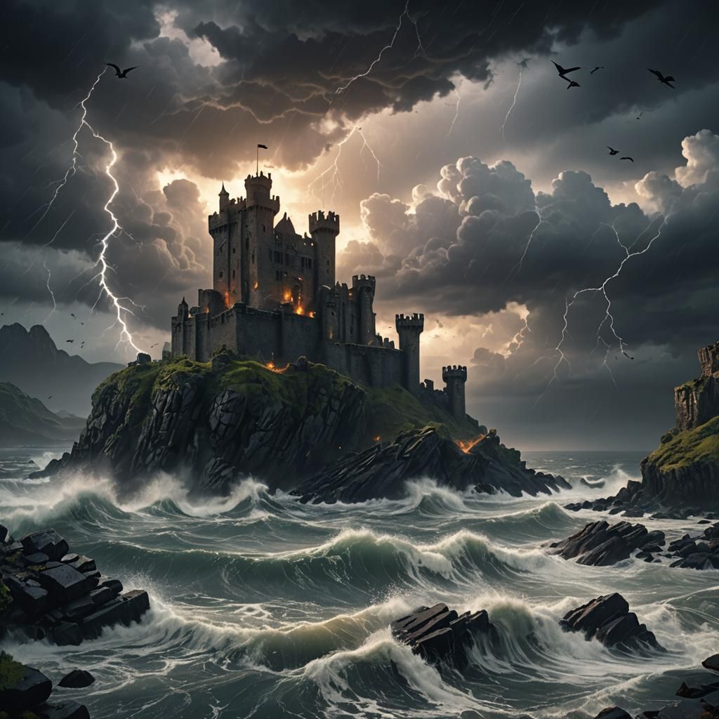 Abandoned Castle Ruins on Cliffside in Stormy Weather