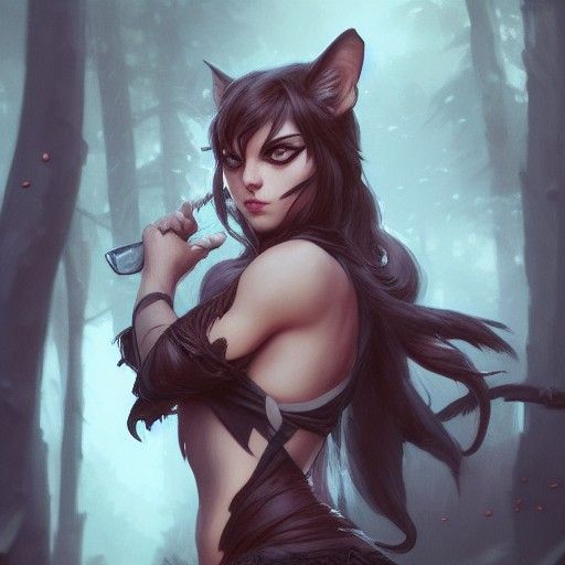 Evil CatGirl Warrior Hunting Mice in Forest