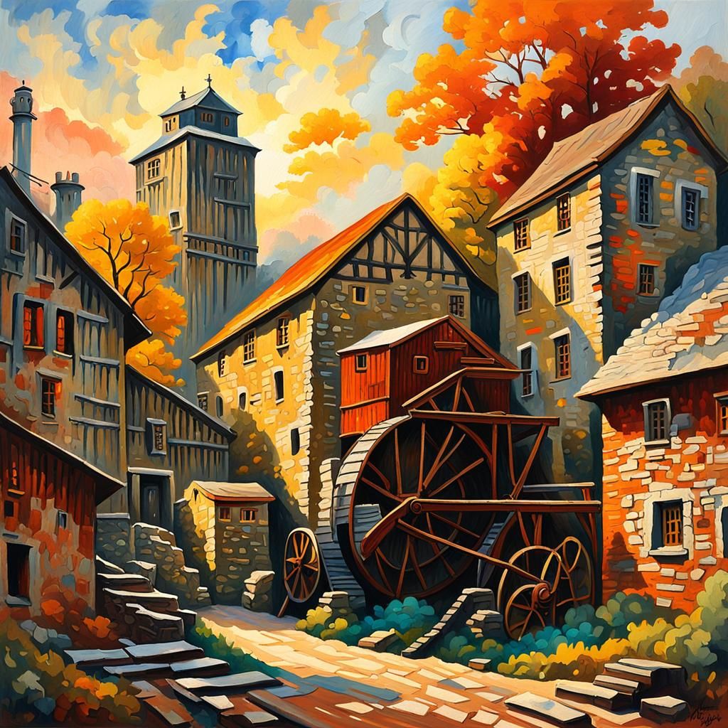 Gouache Grain Mill in Impressionist Style