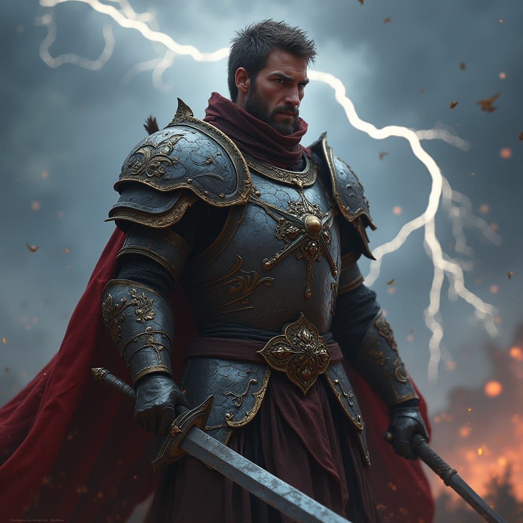 Majestic Warrior Prince Defies Stormy Battlefield in Dark Fa...