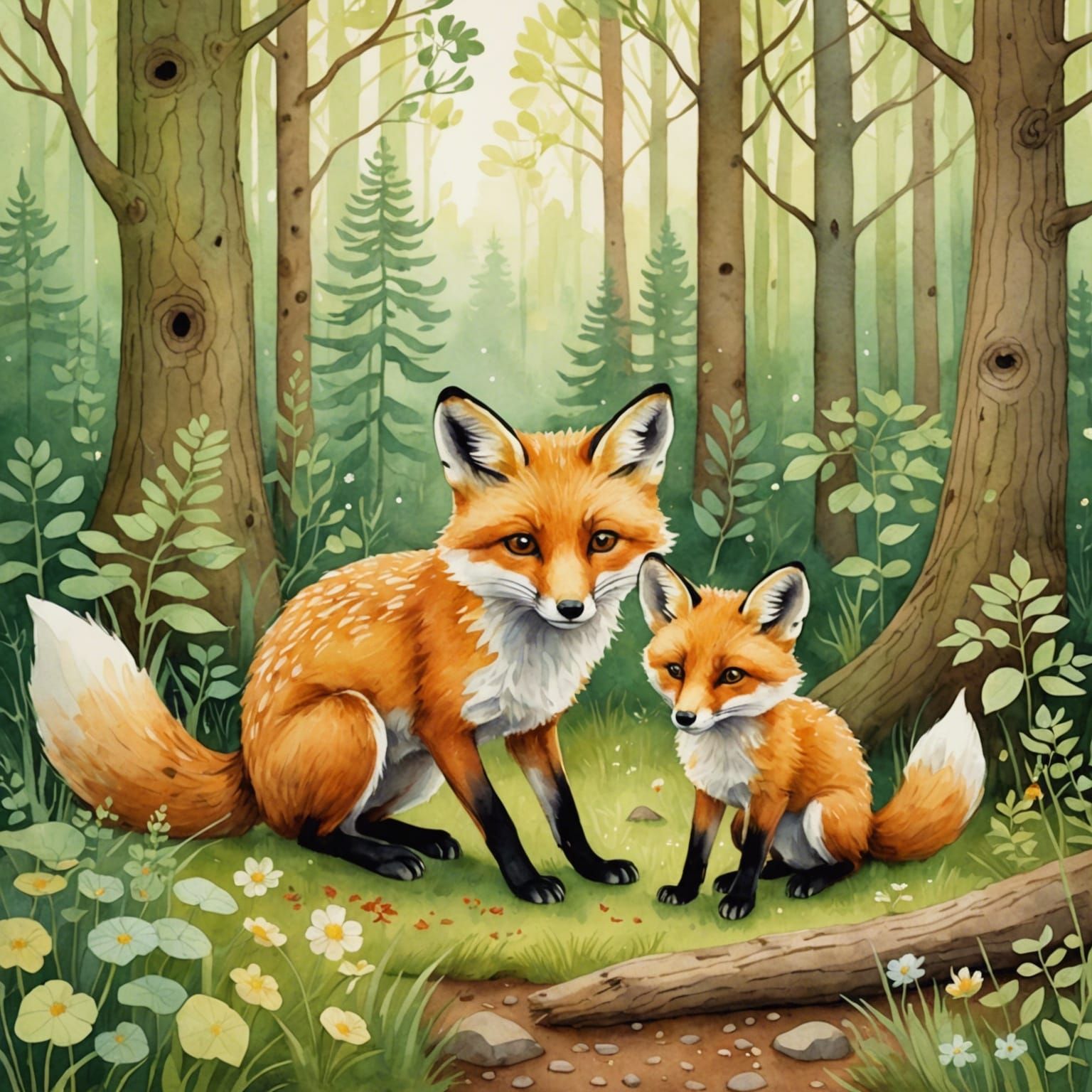 Fox Family in Forest, Watercolor Illustration