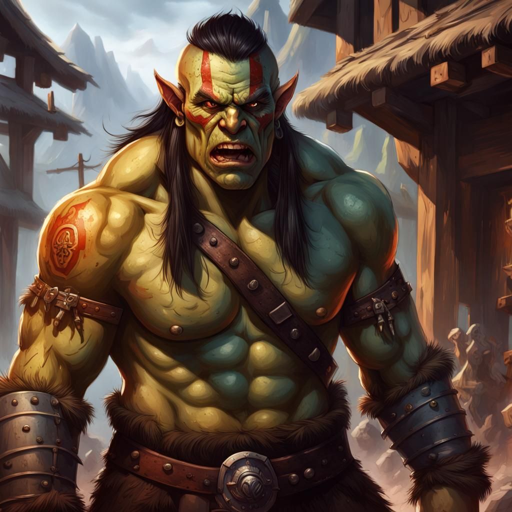 Half-Orc Barbarian Defending Woman in Inn