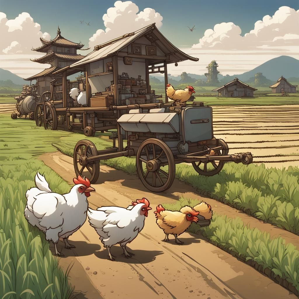 Mecha Farm: Asian Rice Fields in Cyberpunk Style