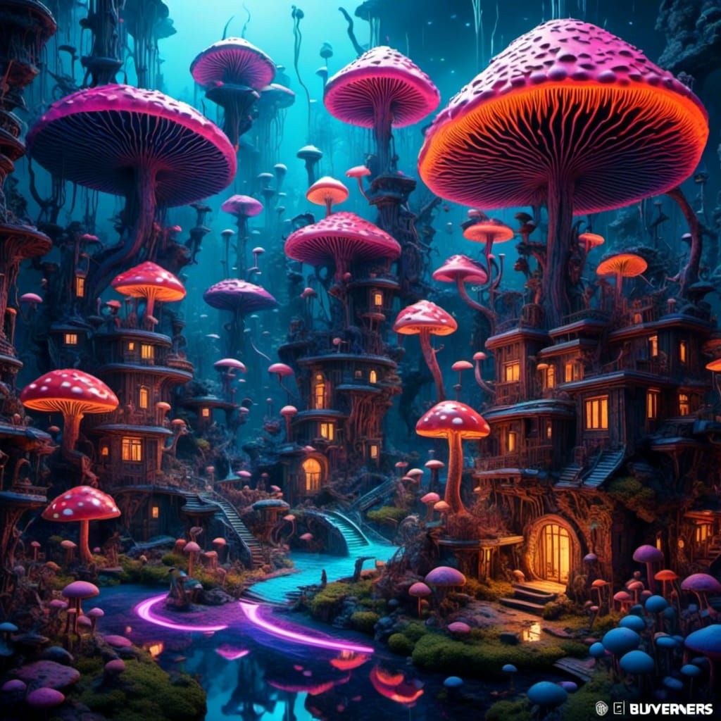 Psychedelic 3D Mushroom Village in Vaporwave Style