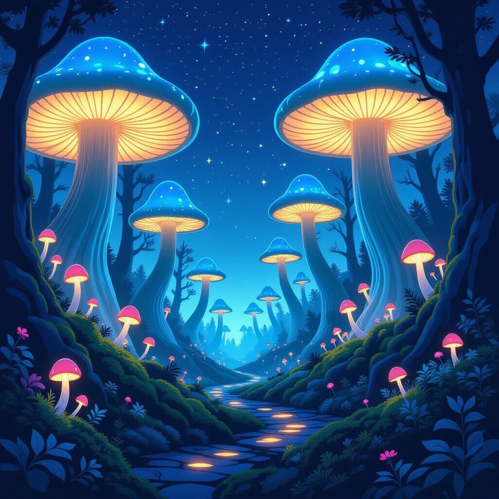 Bioluminescent Mushroom Forest Under Starry Twilight Sky