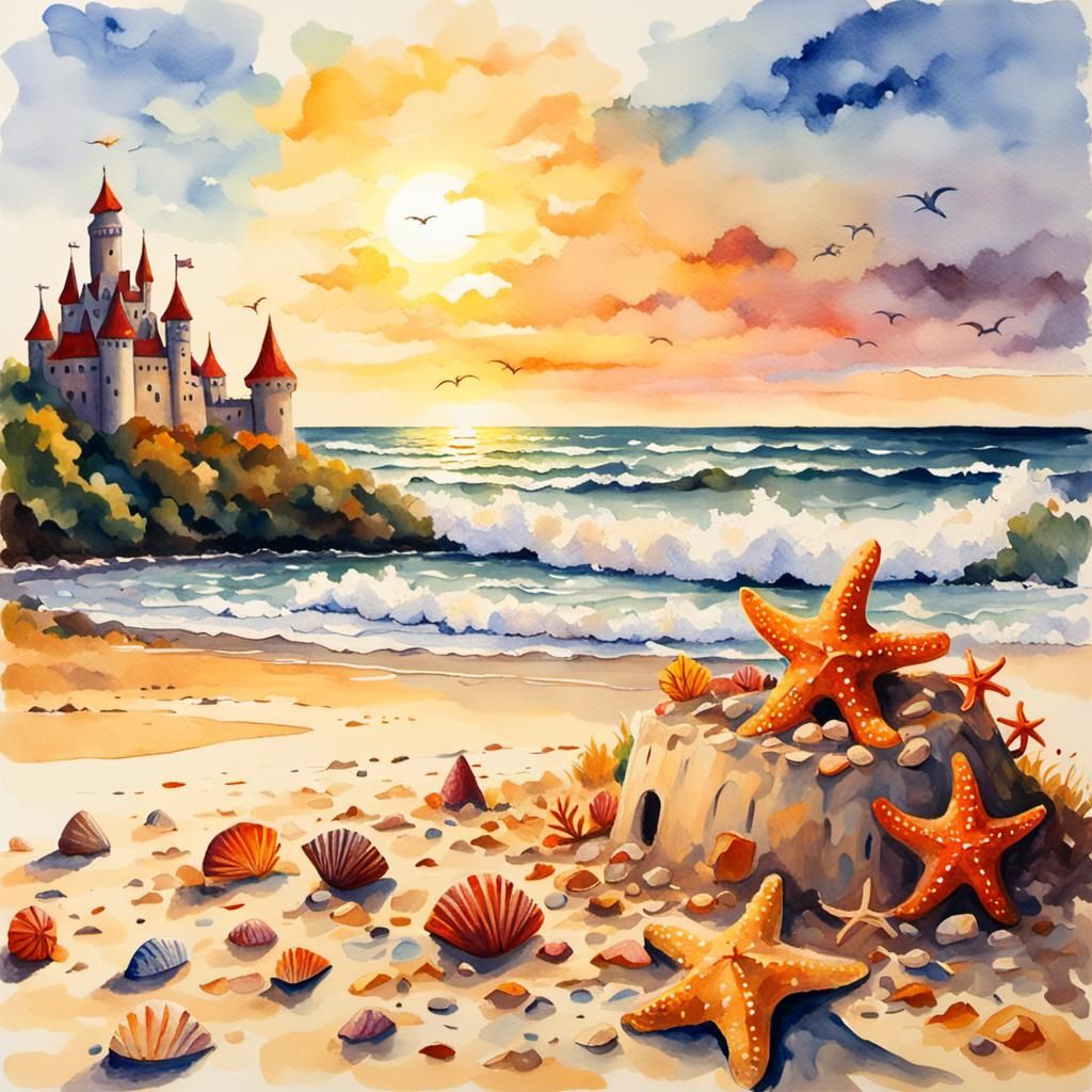 Autumn Sunlight on Crumbling Sandcastle, Watercolor