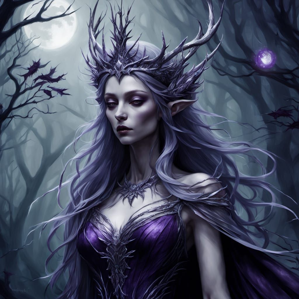 Dark Fae Queen Arises from Misty Ancient Forest
