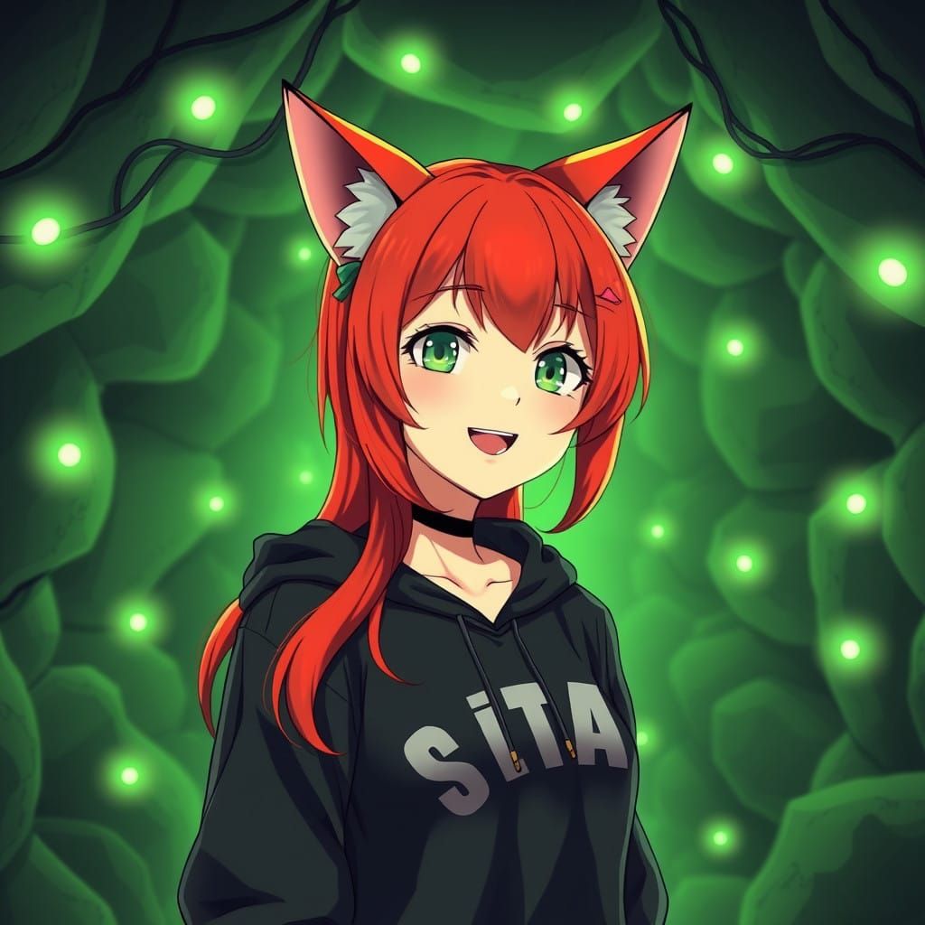 Glowing Cave Girl With Red Cat Ears in Cel-Shaded Manga Styl...