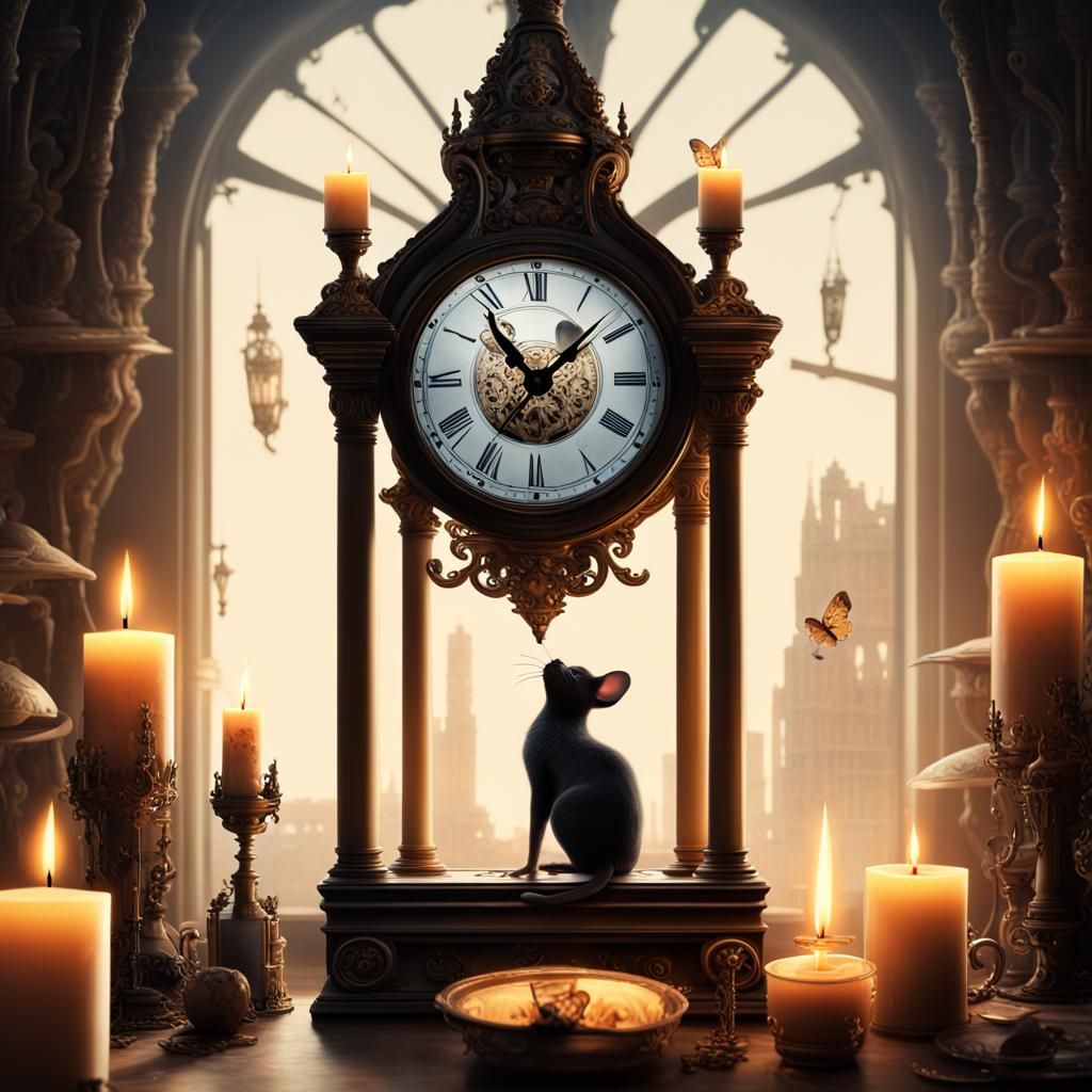 Mouse, Skeleton, and Cat in Candle Clock Poster