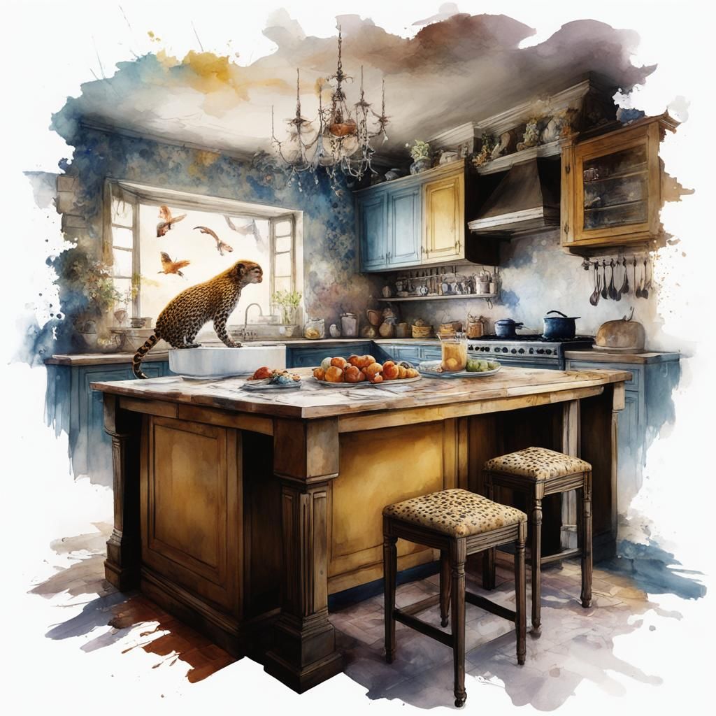 Surreal Kitchen Scene in Watercolor Style