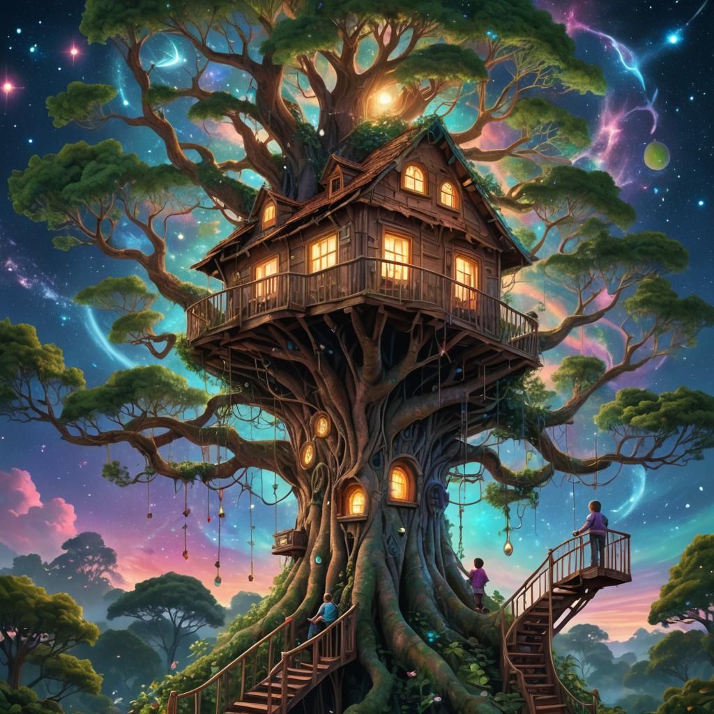 Child Gazing at Treehouse in Astral Sky