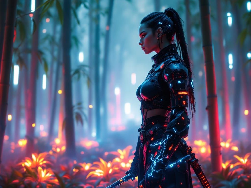 Futuristic Samurai Warrior in Neon Bamboo Forest