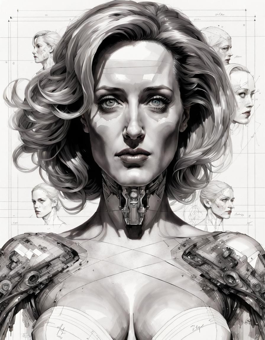 Gillian Anderson Pinup Portrait in Ink Flow Style