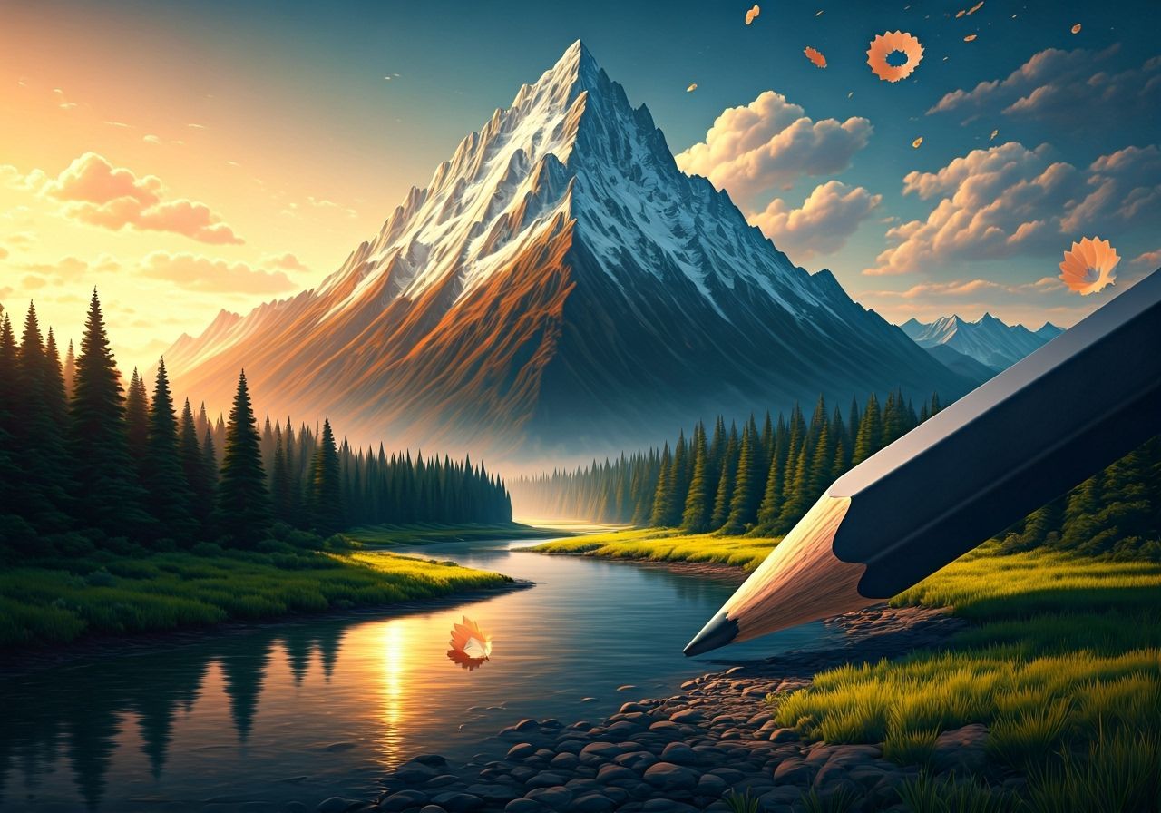 Surreal Mountain Landscape Created by Giant Pencil