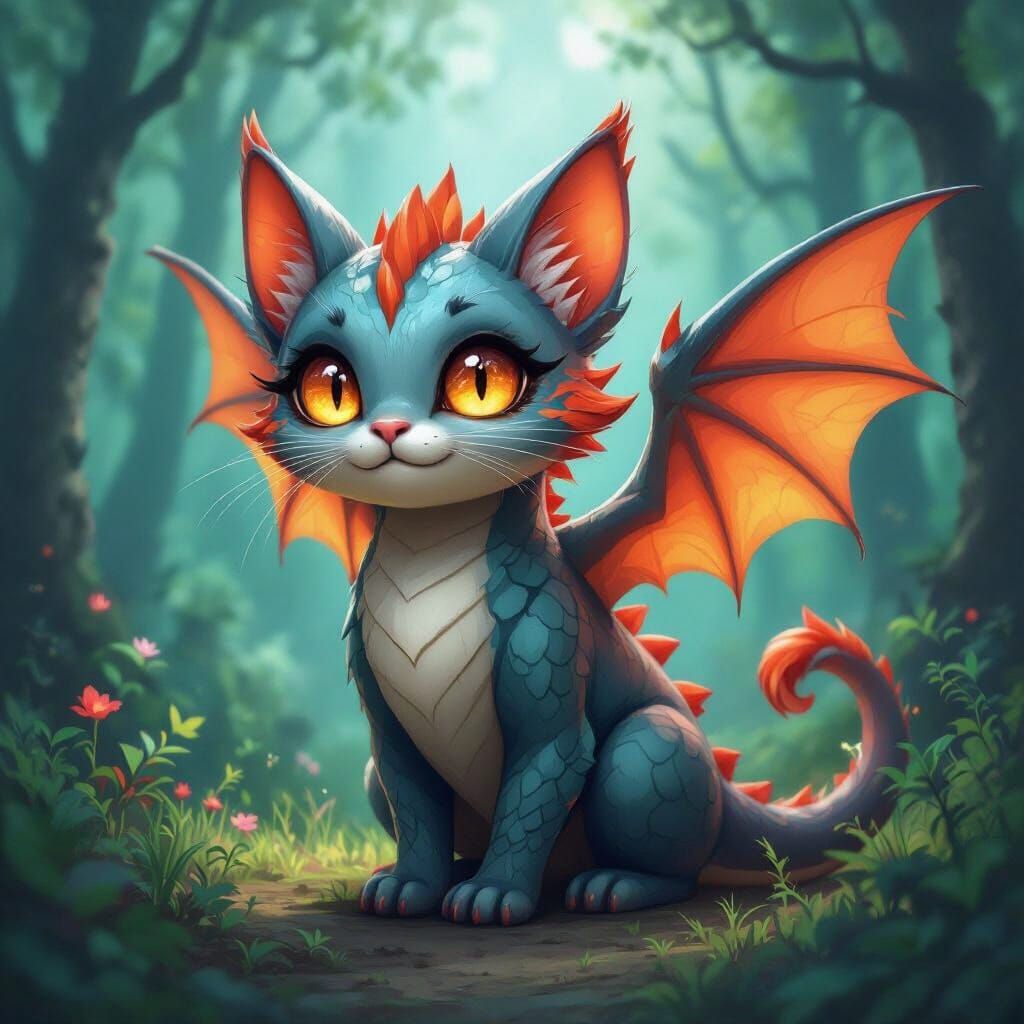 Whimsical Cat-Dragon in Mystical Forest, Digital Art