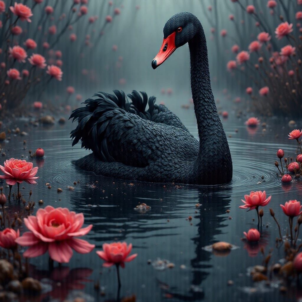 Black Swan Amidst Red Roses at Dawn