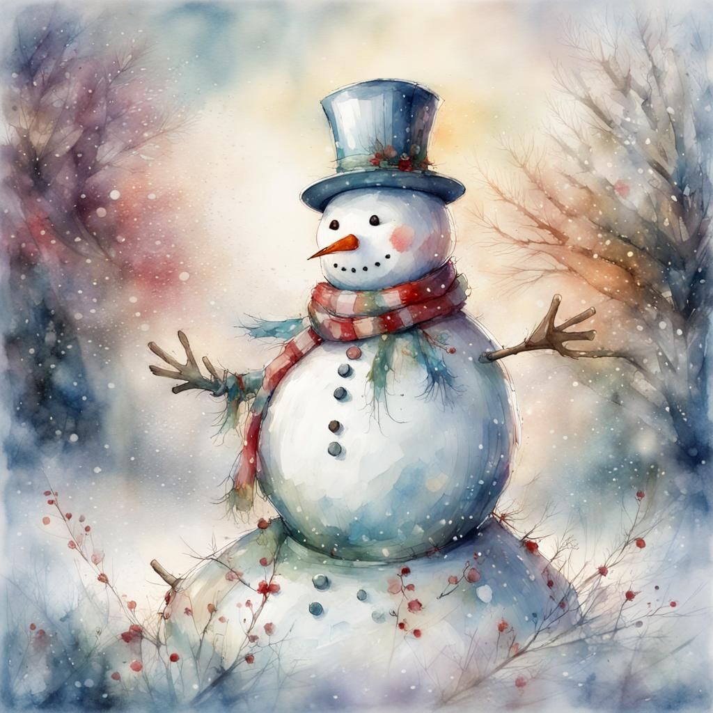 Christmas Snowman and Man in Watercolor Illustration