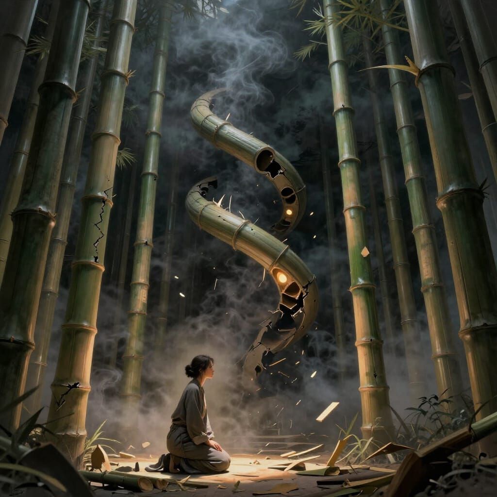 Tense Scene Of A Living Bamboo Structure With Woman