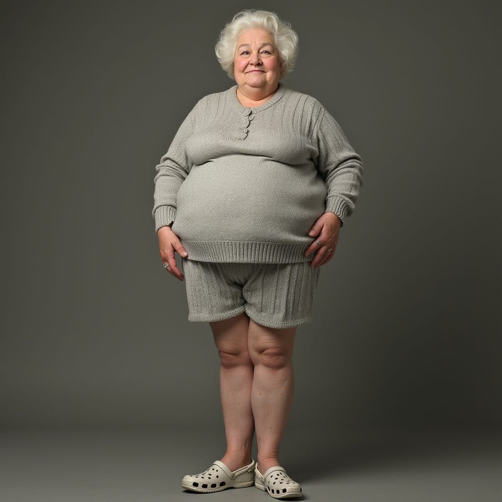 Statuesque Woman in Vintage Sweater and Crocs