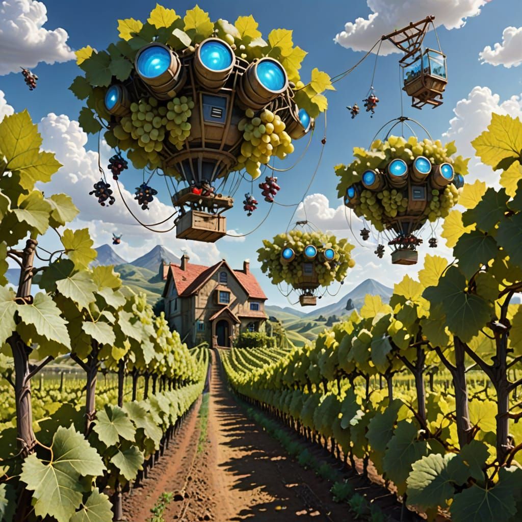 Surreal Vineyard in Futuristic Landscape with Flying Gnomes