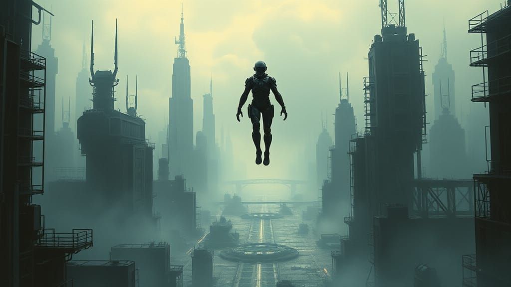 Cyberpunk Exosuit Figure Frozen in Time