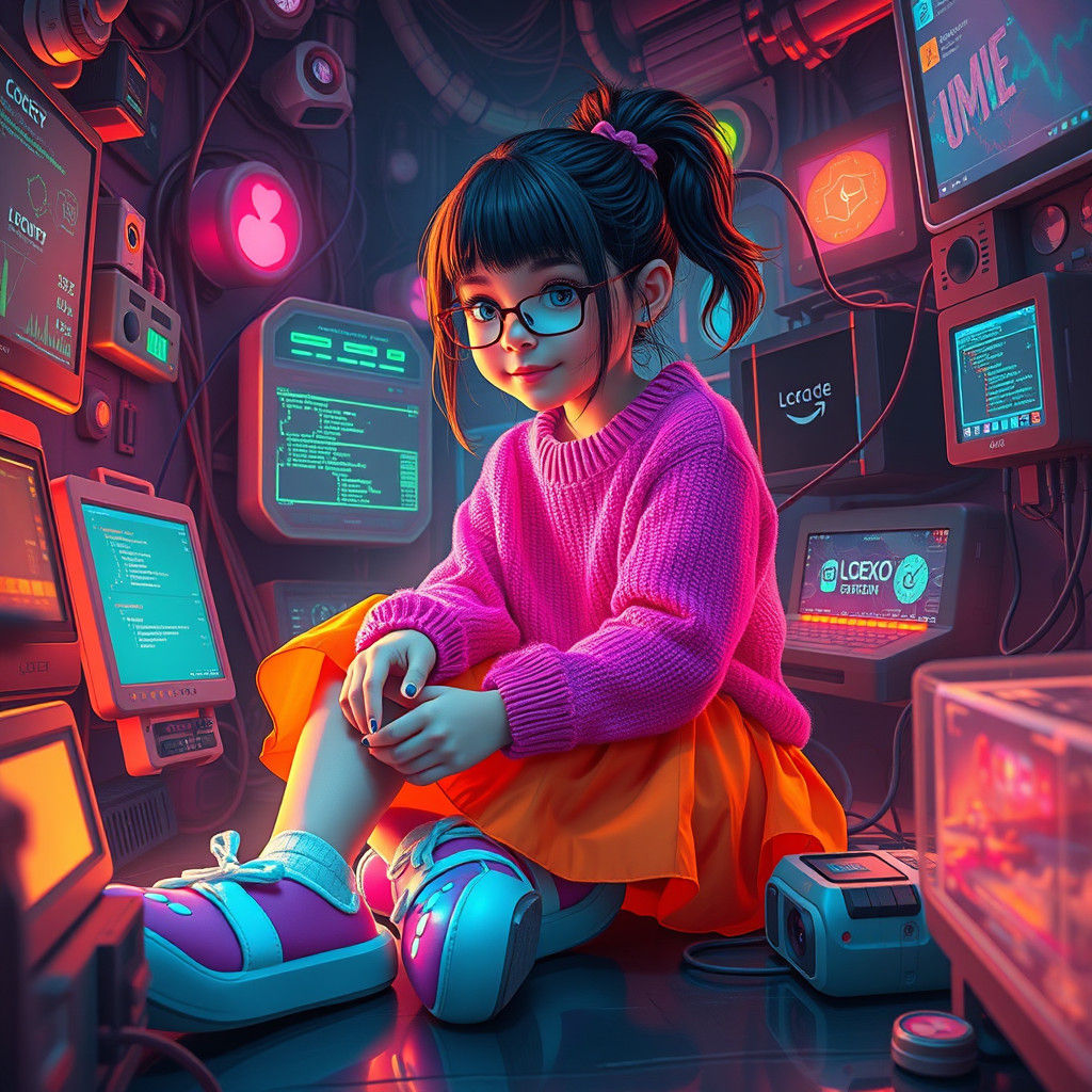 Coding Girl in Dreamlike Cyberpunk Inspired Scene
