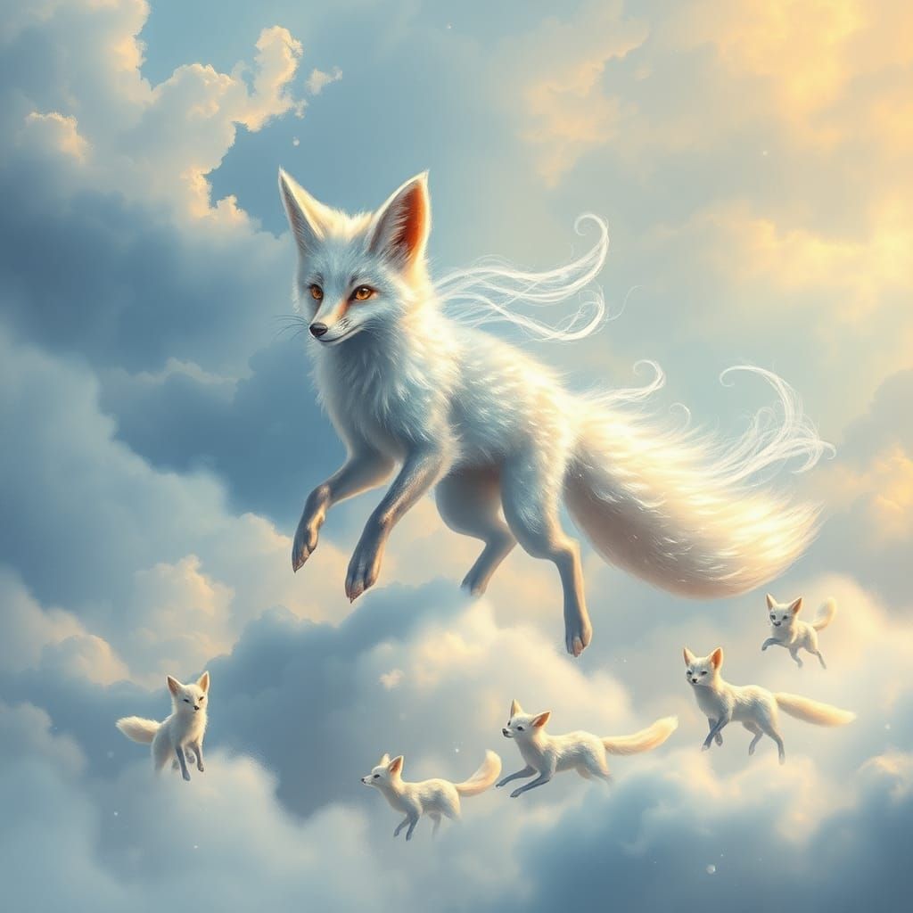Crystal Fox Dancing on Clouds in Dreamy Landscape
