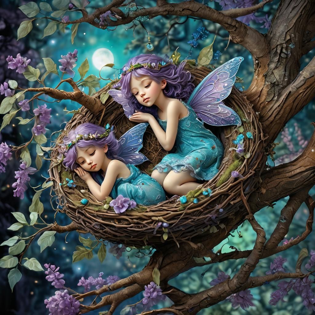 Sleeping Fairies in Turquoise and Purple Nest