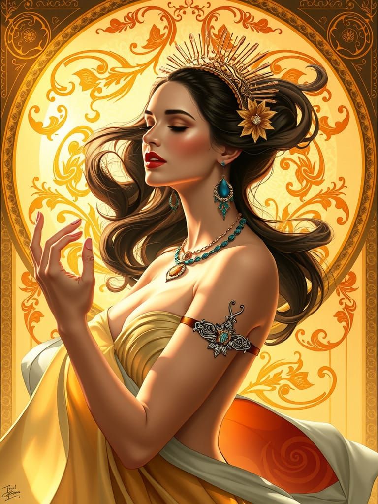Elegant Woman in Art Nouveau Digital Painting