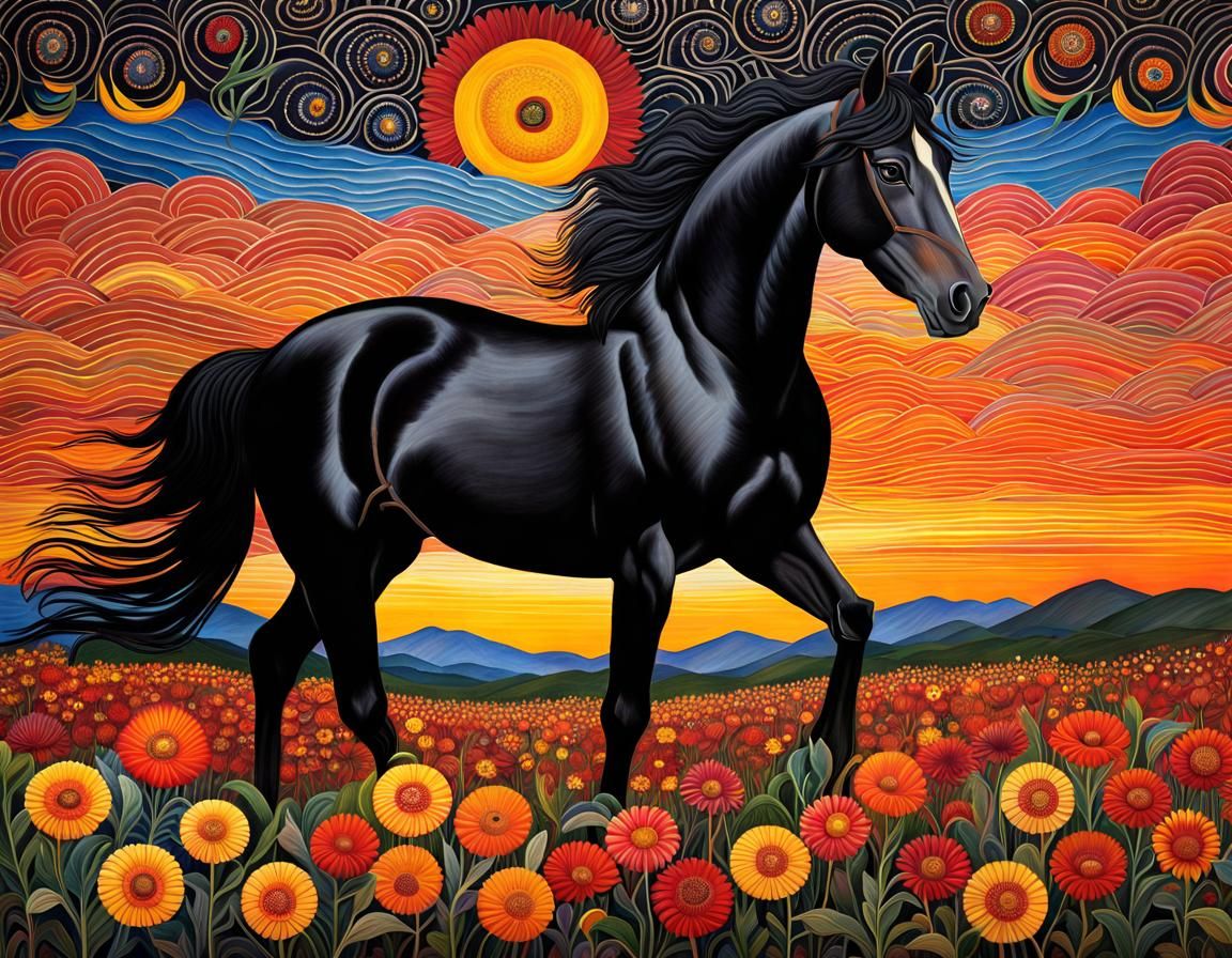 Black Horse Amidst Flowers, in Folk Art Style