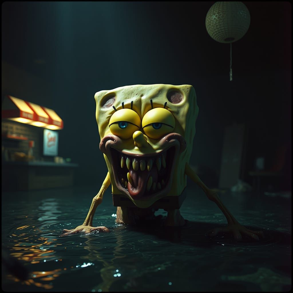 Grotesque Bikini Bottom Horror Monster in Dark, Abandoned Kr...