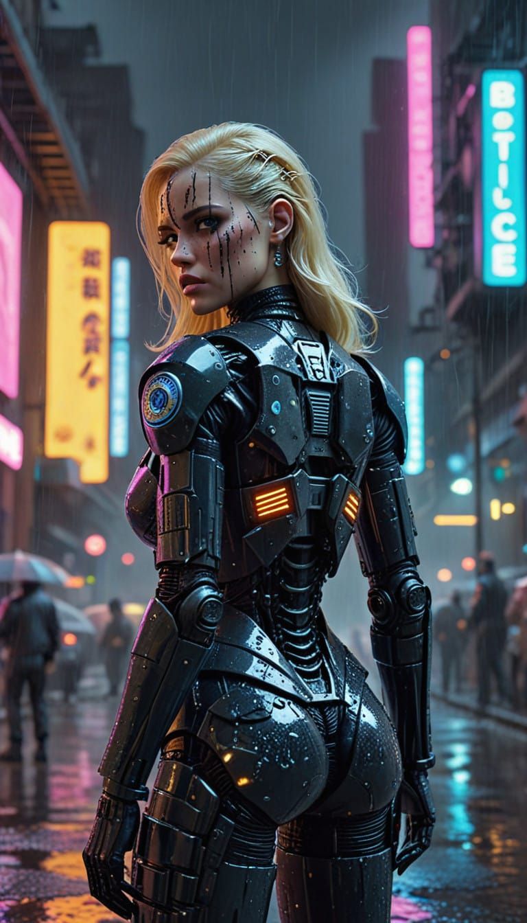 Cyberpunk Cyborg Barbie in Rainy City Streets