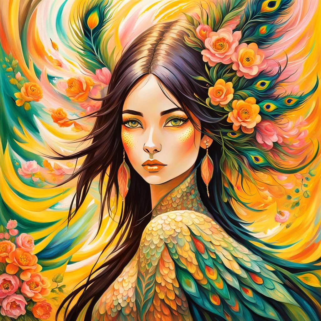 Dragon Peacock Woman Portrait in Abstract Expressionism