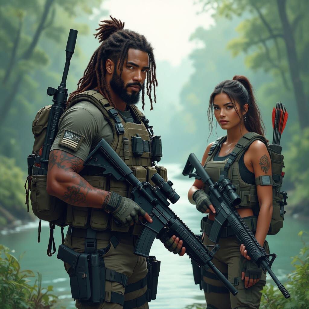 Armed Fighters in Forest, Futuristic Realism Style