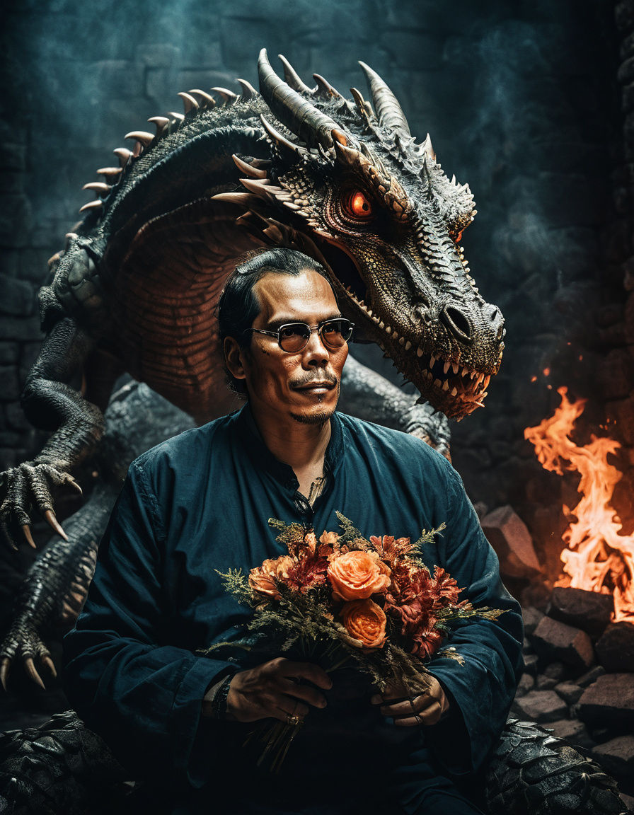 Barbarian Warrior Offers Bouquet to Fire Breathing Dragon in...