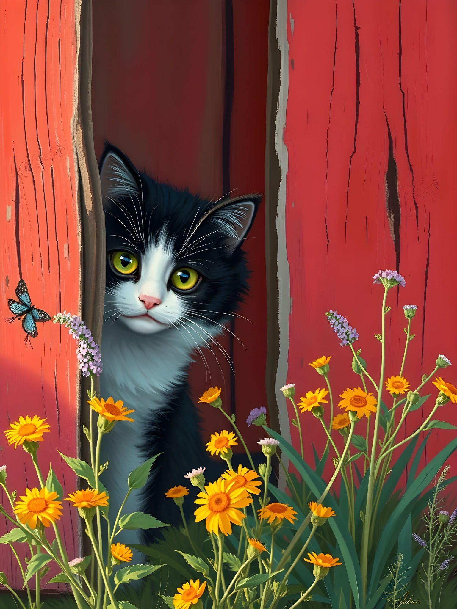 Whimsical Black and White Kitty in Rustic Countryside